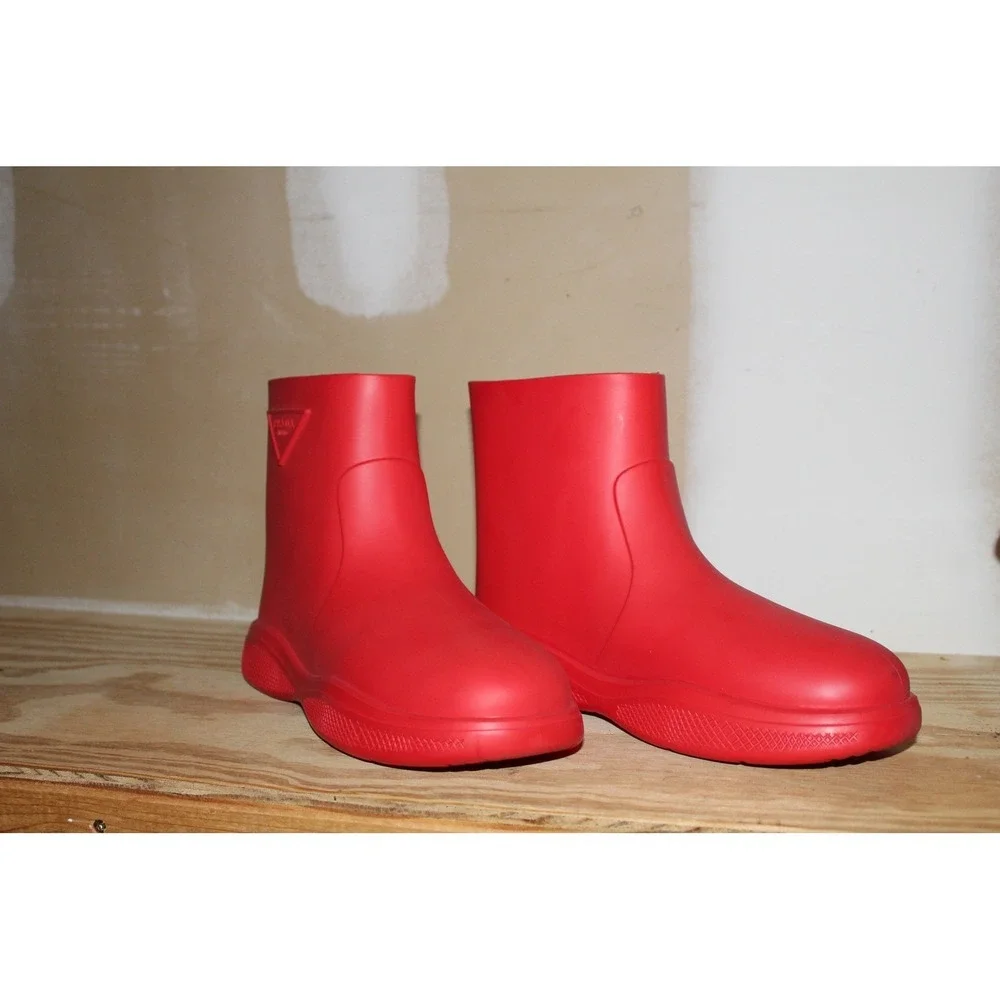 Prada Red Rubber Rain Boots Ankle Logo Monolithic Chunky Sole Mens Size 44‎